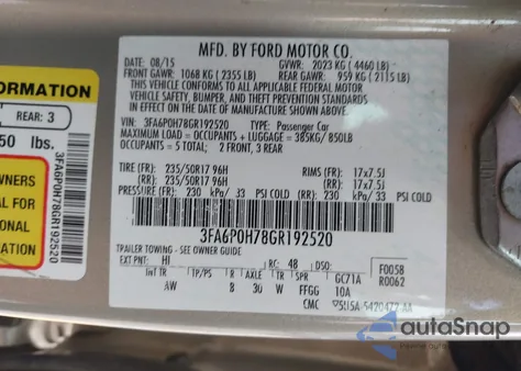 2016 Ford Fusion Se from USA, damaged, VIN 3FA6P0H78GR192520